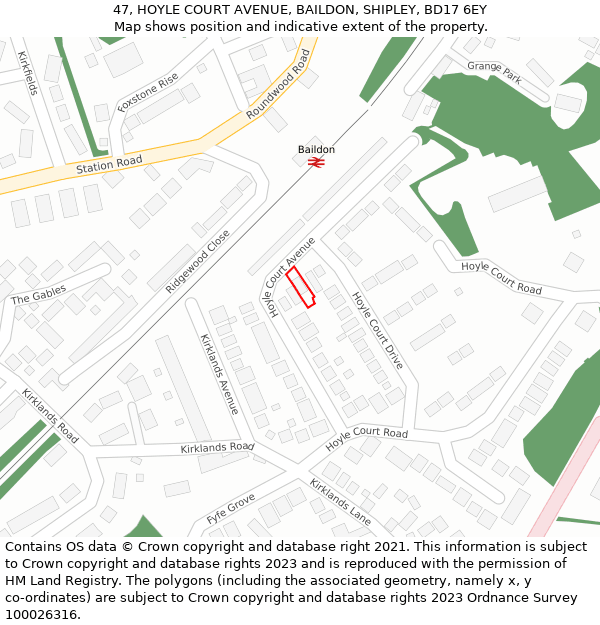 47, HOYLE COURT AVENUE, BAILDON, SHIPLEY, BD17 6EY: Location map and indicative extent of plot