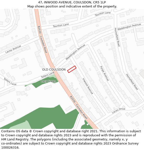 47, INWOOD AVENUE, COULSDON, CR5 1LP: Location map and indicative extent of plot