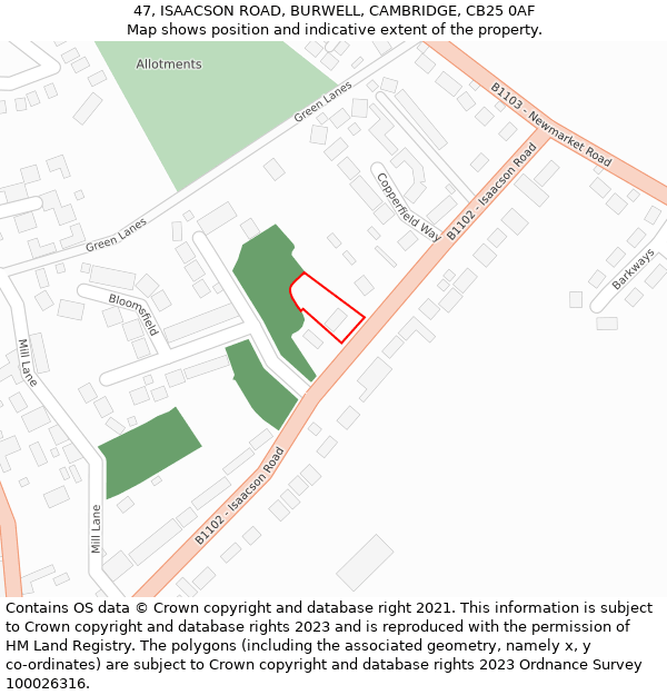 47, ISAACSON ROAD, BURWELL, CAMBRIDGE, CB25 0AF: Location map and indicative extent of plot