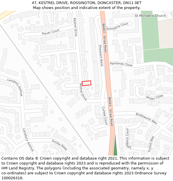 47, KESTREL DRIVE, ROSSINGTON, DONCASTER, DN11 0ET: Location map and indicative extent of plot