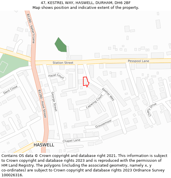 47, KESTREL WAY, HASWELL, DURHAM, DH6 2BF: Location map and indicative extent of plot