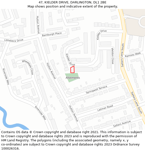 47, KIELDER DRIVE, DARLINGTON, DL1 2BE: Location map and indicative extent of plot