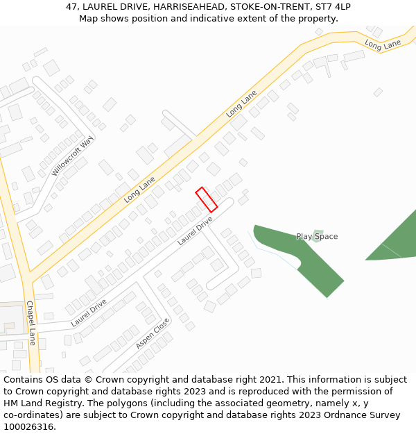 47, LAUREL DRIVE, HARRISEAHEAD, STOKE-ON-TRENT, ST7 4LP: Location map and indicative extent of plot