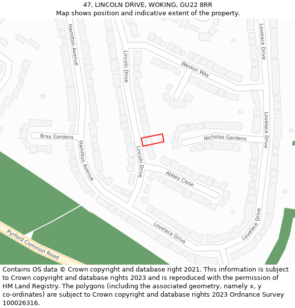47, LINCOLN DRIVE, WOKING, GU22 8RR: Location map and indicative extent of plot