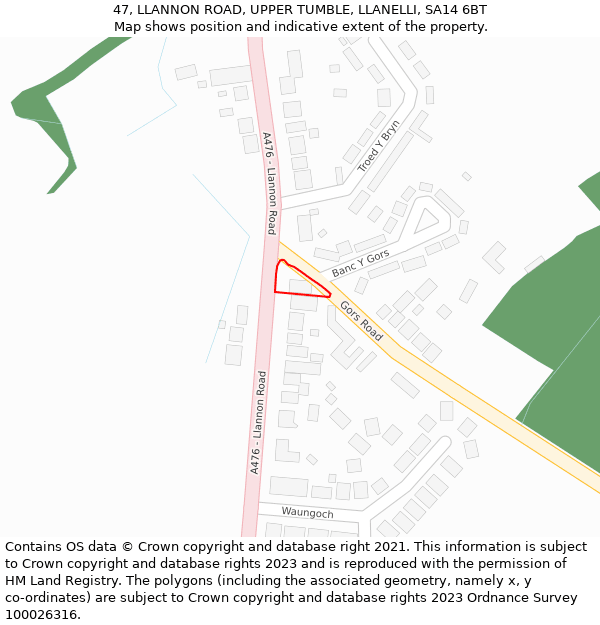 47, LLANNON ROAD, UPPER TUMBLE, LLANELLI, SA14 6BT: Location map and indicative extent of plot