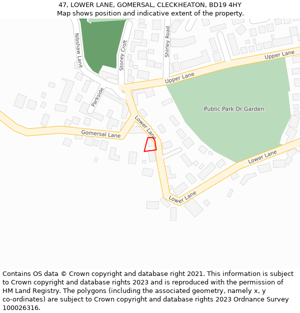 47, LOWER LANE, GOMERSAL, CLECKHEATON, BD19 4HY: Location map and indicative extent of plot