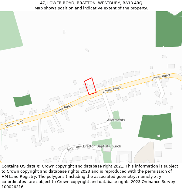 47, LOWER ROAD, BRATTON, WESTBURY, BA13 4RQ: Location map and indicative extent of plot