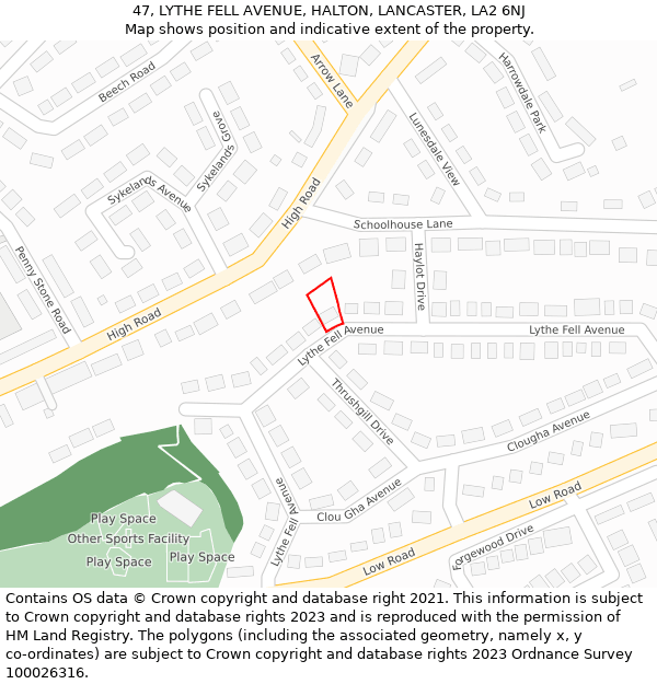 47, LYTHE FELL AVENUE, HALTON, LANCASTER, LA2 6NJ: Location map and indicative extent of plot