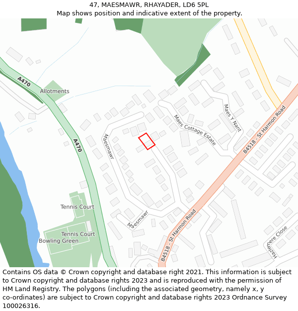 47, MAESMAWR, RHAYADER, LD6 5PL: Location map and indicative extent of plot