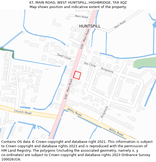 47, MAIN ROAD, WEST HUNTSPILL, HIGHBRIDGE, TA9 3QZ: Location map and indicative extent of plot