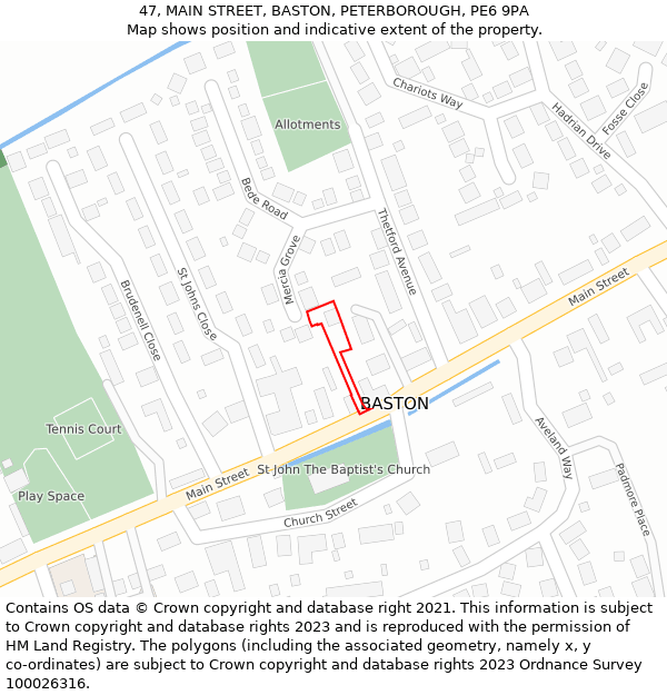 47, MAIN STREET, BASTON, PETERBOROUGH, PE6 9PA: Location map and indicative extent of plot