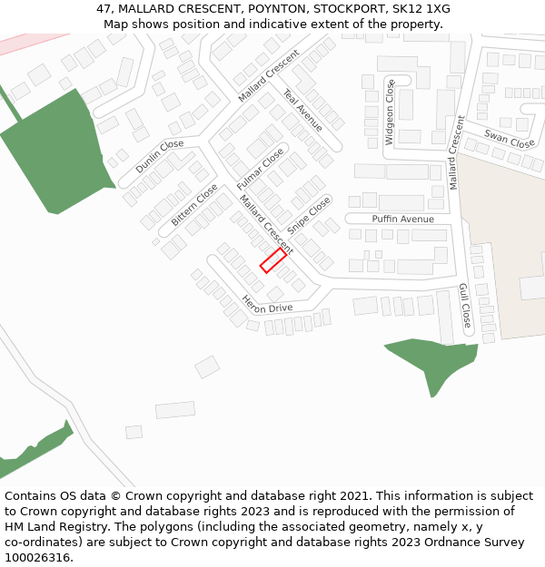 47, MALLARD CRESCENT, POYNTON, STOCKPORT, SK12 1XG: Location map and indicative extent of plot