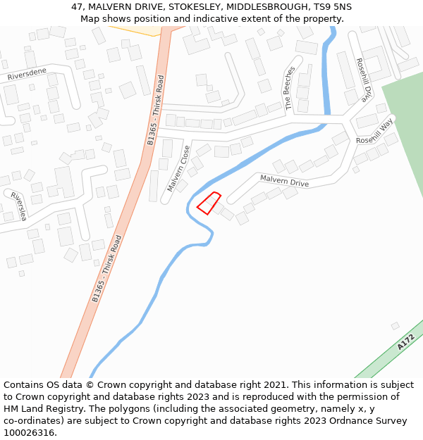 47, MALVERN DRIVE, STOKESLEY, MIDDLESBROUGH, TS9 5NS: Location map and indicative extent of plot