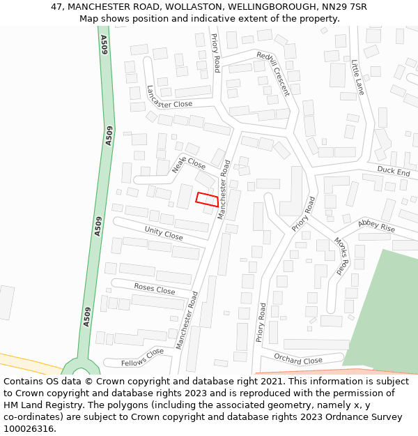 47, MANCHESTER ROAD, WOLLASTON, WELLINGBOROUGH, NN29 7SR: Location map and indicative extent of plot