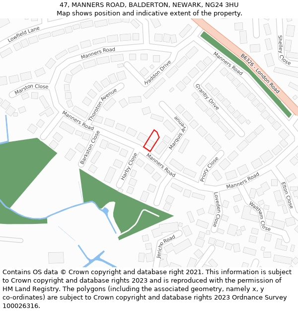 47, MANNERS ROAD, BALDERTON, NEWARK, NG24 3HU: Location map and indicative extent of plot