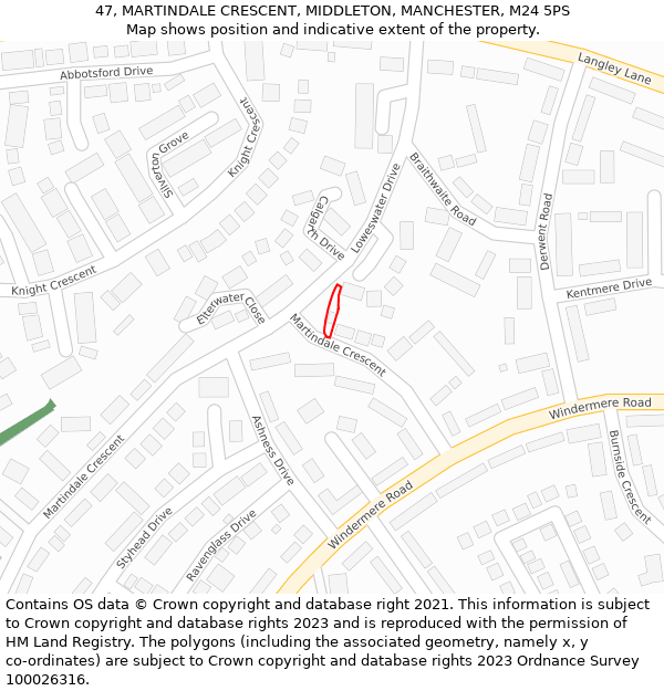 47, MARTINDALE CRESCENT, MIDDLETON, MANCHESTER, M24 5PS: Location map and indicative extent of plot