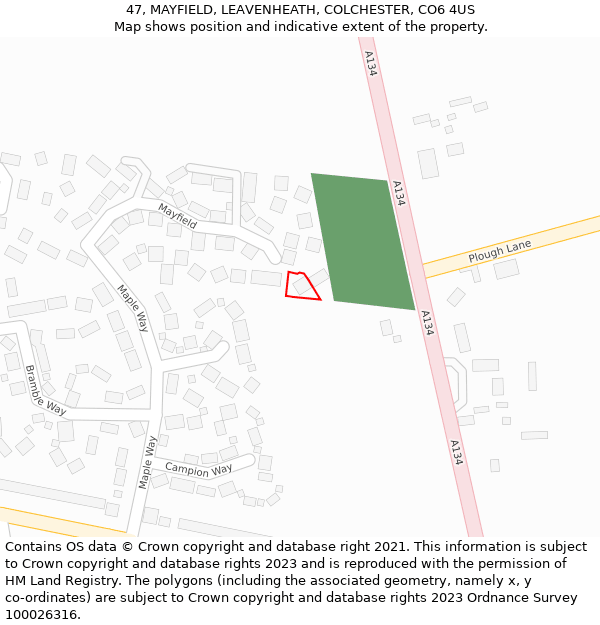 47, MAYFIELD, LEAVENHEATH, COLCHESTER, CO6 4US: Location map and indicative extent of plot