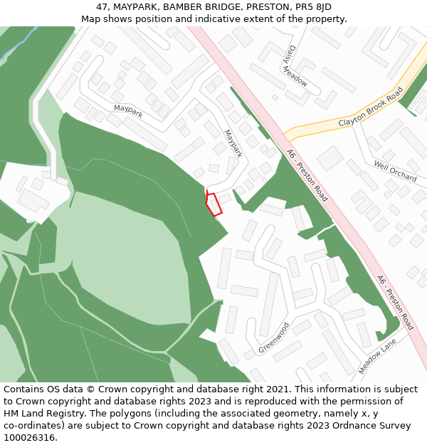 47, MAYPARK, BAMBER BRIDGE, PRESTON, PR5 8JD: Location map and indicative extent of plot
