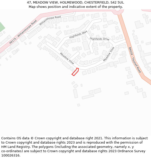 47, MEADOW VIEW, HOLMEWOOD, CHESTERFIELD, S42 5UL: Location map and indicative extent of plot