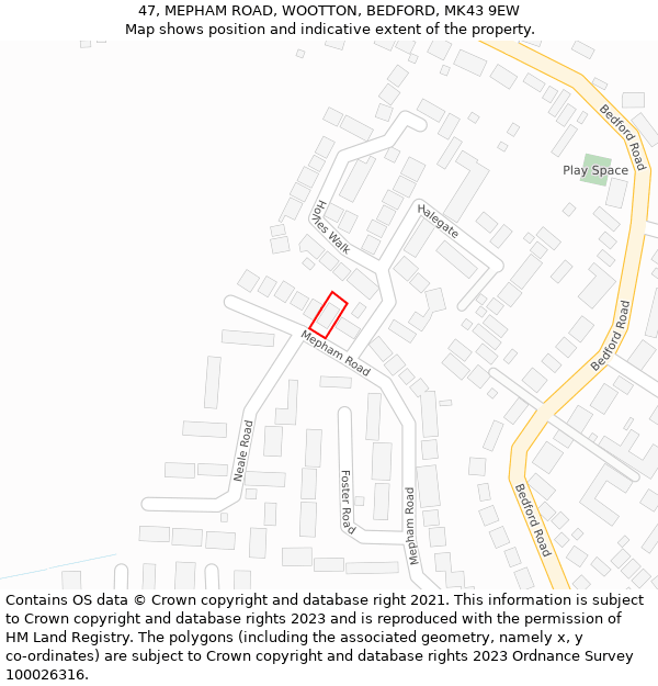 47, MEPHAM ROAD, WOOTTON, BEDFORD, MK43 9EW: Location map and indicative extent of plot