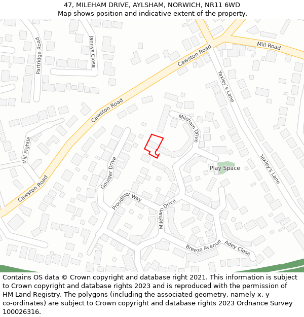 47, MILEHAM DRIVE, AYLSHAM, NORWICH, NR11 6WD: Location map and indicative extent of plot