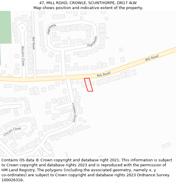 47, MILL ROAD, CROWLE, SCUNTHORPE, DN17 4LW: Location map and indicative extent of plot