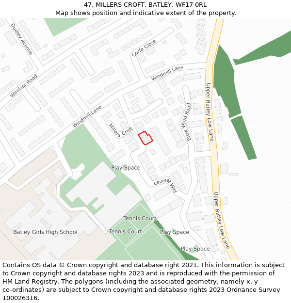47, MILLERS CROFT, BATLEY, WF17 0RL: Location map and indicative extent of plot