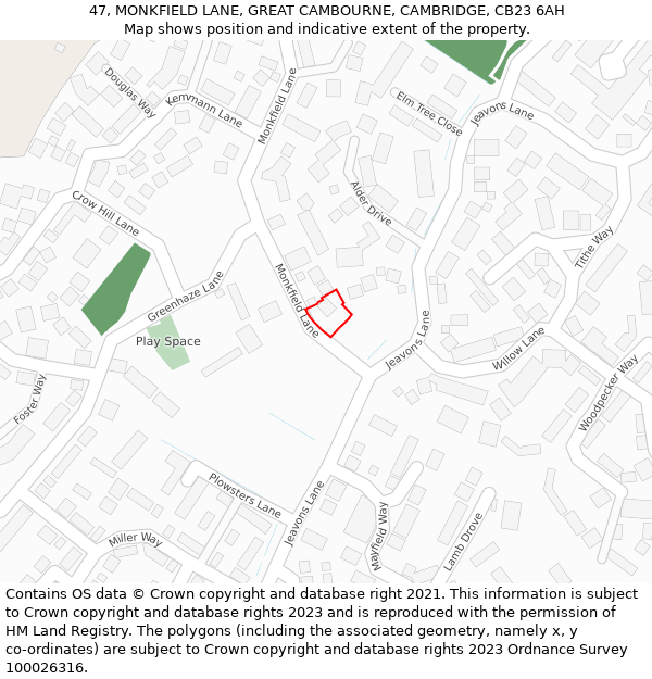 47, MONKFIELD LANE, GREAT CAMBOURNE, CAMBRIDGE, CB23 6AH: Location map and indicative extent of plot