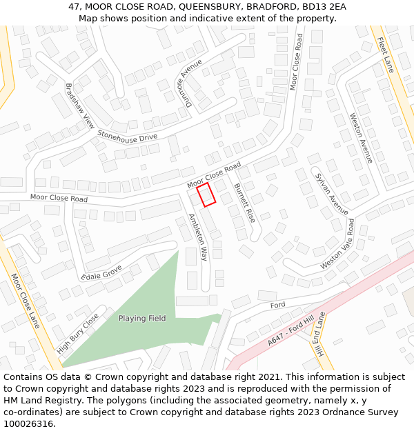 47, MOOR CLOSE ROAD, QUEENSBURY, BRADFORD, BD13 2EA: Location map and indicative extent of plot