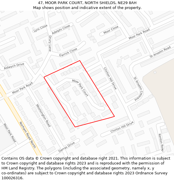 47, MOOR PARK COURT, NORTH SHIELDS, NE29 8AH: Location map and indicative extent of plot