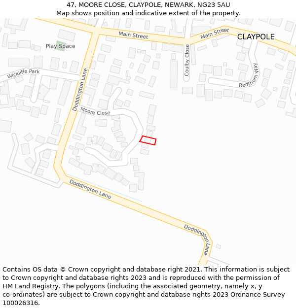 47, MOORE CLOSE, CLAYPOLE, NEWARK, NG23 5AU: Location map and indicative extent of plot