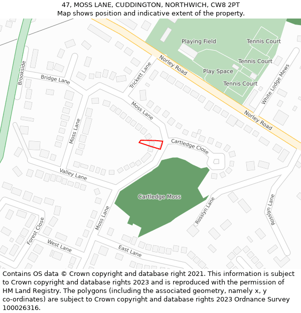 47, MOSS LANE, CUDDINGTON, NORTHWICH, CW8 2PT: Location map and indicative extent of plot