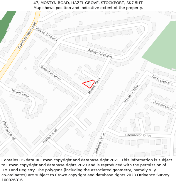 47, MOSTYN ROAD, HAZEL GROVE, STOCKPORT, SK7 5HT: Location map and indicative extent of plot