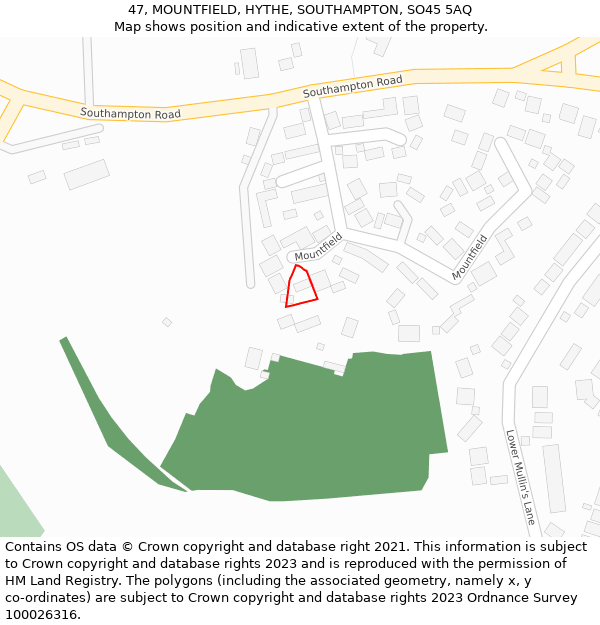 47, MOUNTFIELD, HYTHE, SOUTHAMPTON, SO45 5AQ: Location map and indicative extent of plot