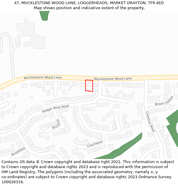 47, MUCKLESTONE WOOD LANE, LOGGERHEADS, MARKET DRAYTON, TF9 4ED: Location map and indicative extent of plot