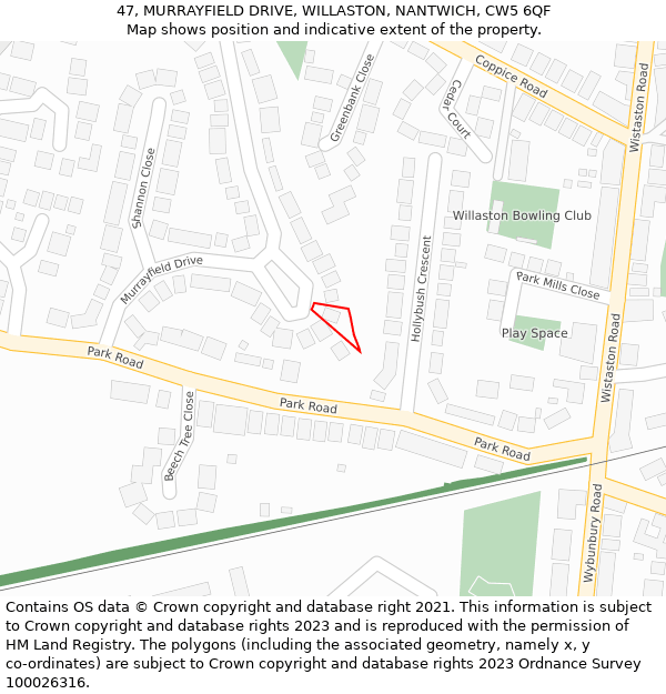 47, MURRAYFIELD DRIVE, WILLASTON, NANTWICH, CW5 6QF: Location map and indicative extent of plot