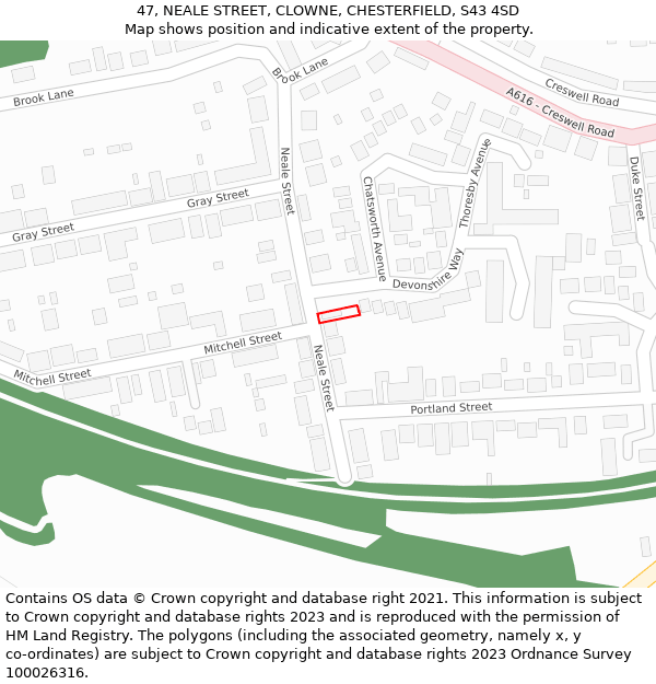 47, NEALE STREET, CLOWNE, CHESTERFIELD, S43 4SD: Location map and indicative extent of plot