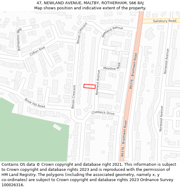 47, NEWLAND AVENUE, MALTBY, ROTHERHAM, S66 8AJ: Location map and indicative extent of plot