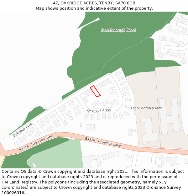 47, OAKRIDGE ACRES, TENBY, SA70 8DB: Location map and indicative extent of plot