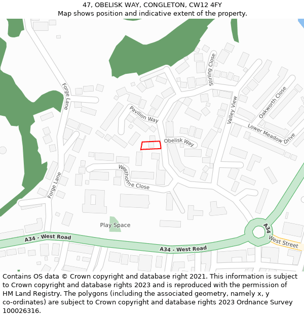 47, OBELISK WAY, CONGLETON, CW12 4FY: Location map and indicative extent of plot