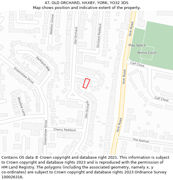 47, OLD ORCHARD, HAXBY, YORK, YO32 3DS: Location map and indicative extent of plot