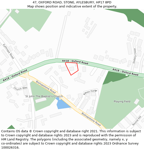 47, OXFORD ROAD, STONE, AYLESBURY, HP17 8PD: Location map and indicative extent of plot