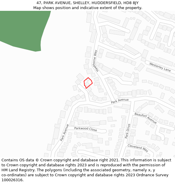47, PARK AVENUE, SHELLEY, HUDDERSFIELD, HD8 8JY: Location map and indicative extent of plot