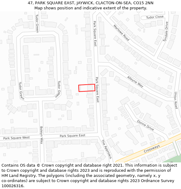 47, PARK SQUARE EAST, JAYWICK, CLACTON-ON-SEA, CO15 2NN: Location map and indicative extent of plot