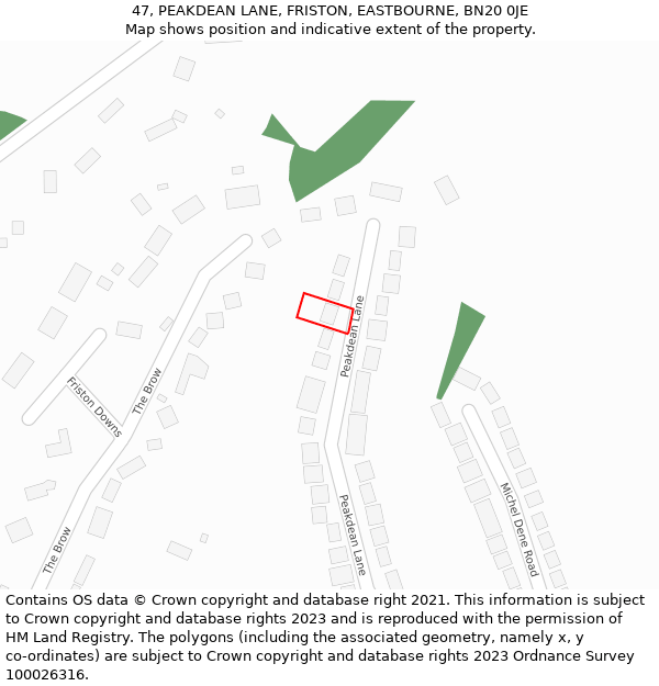 47, PEAKDEAN LANE, FRISTON, EASTBOURNE, BN20 0JE: Location map and indicative extent of plot