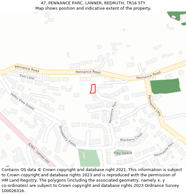 47, PENNANCE PARC, LANNER, REDRUTH, TR16 5TY: Location map and indicative extent of plot