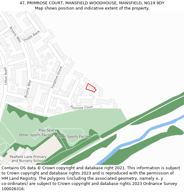47, PRIMROSE COURT, MANSFIELD WOODHOUSE, MANSFIELD, NG19 9DY: Location map and indicative extent of plot