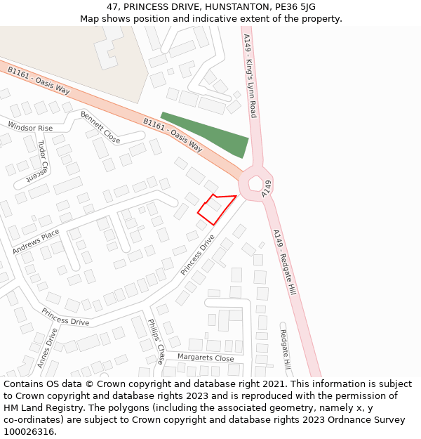 47, PRINCESS DRIVE, HUNSTANTON, PE36 5JG: Location map and indicative extent of plot