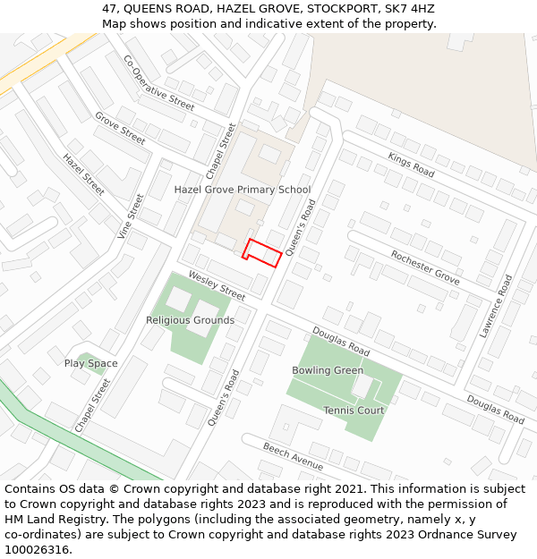 47, QUEENS ROAD, HAZEL GROVE, STOCKPORT, SK7 4HZ: Location map and indicative extent of plot