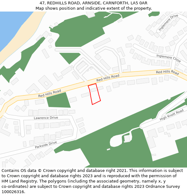 47, REDHILLS ROAD, ARNSIDE, CARNFORTH, LA5 0AR: Location map and indicative extent of plot